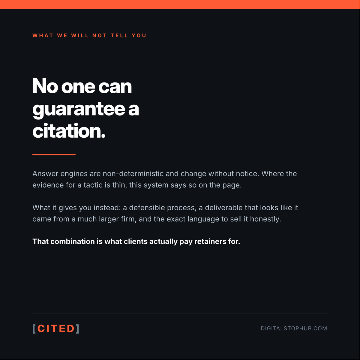 No one can guarantee a citation in an AI answer. CITED gives you a defensible process instead of a promise.