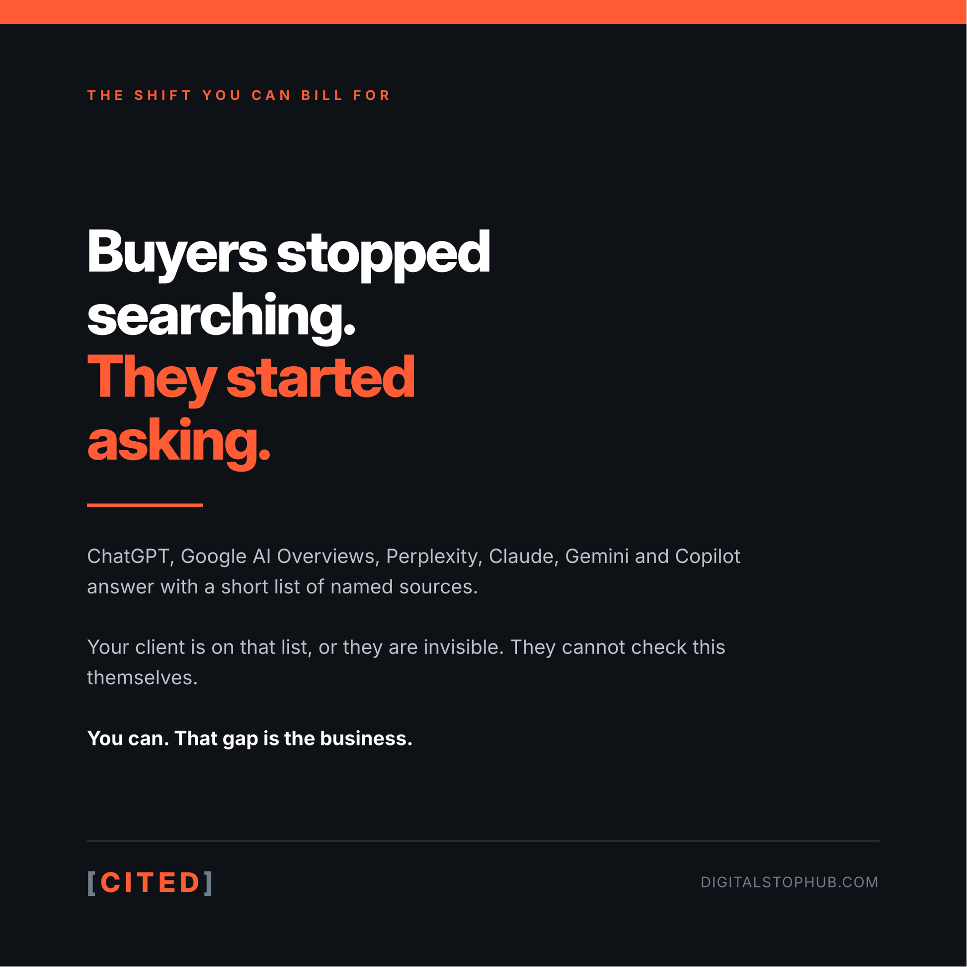 Buyers now ask ChatGPT, Google AI Overviews, Perplexity, Claude and Gemini instead of searching.