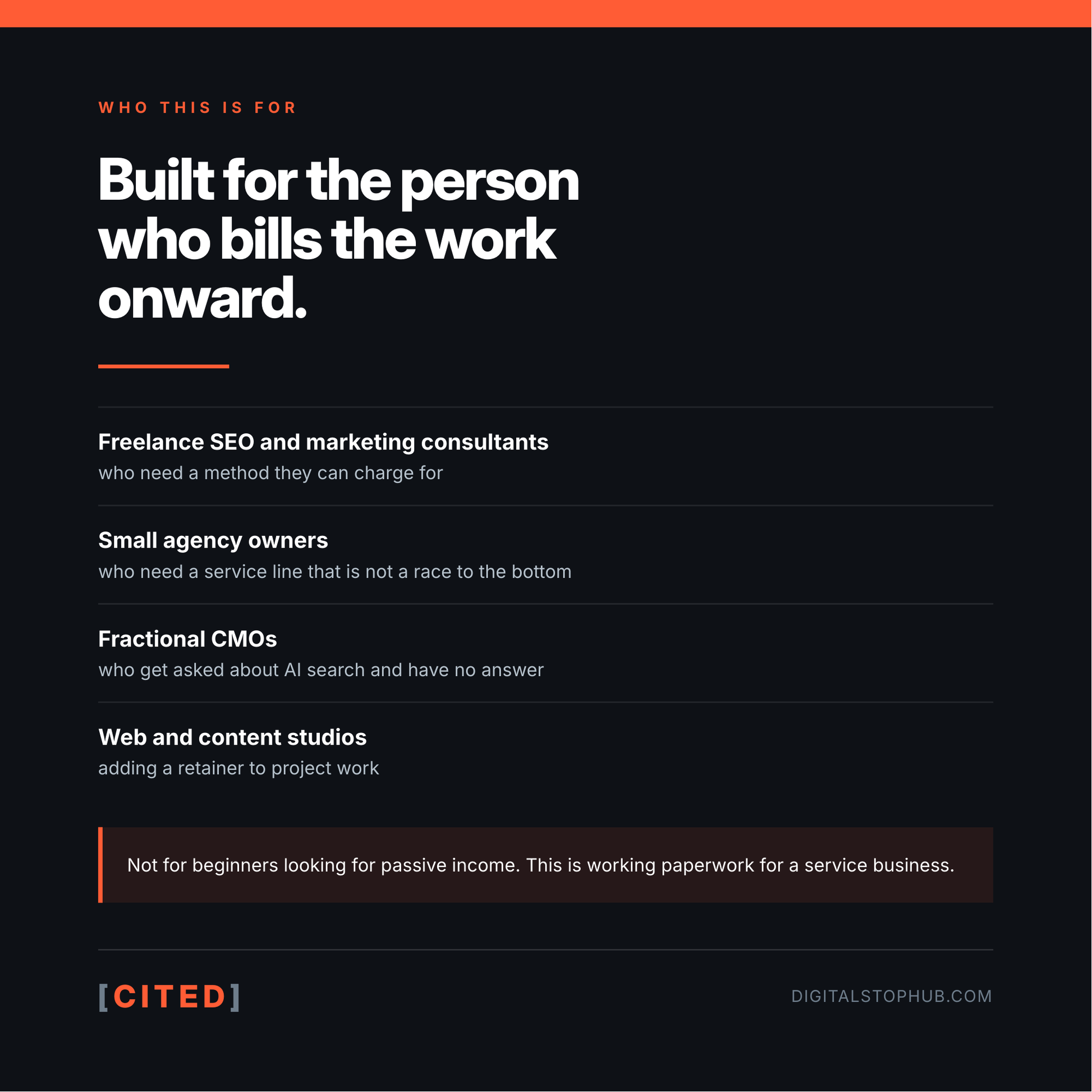 Who CITED is for: freelance SEO and marketing consultants, small agency owners, fractional CMOs, web and content studios.