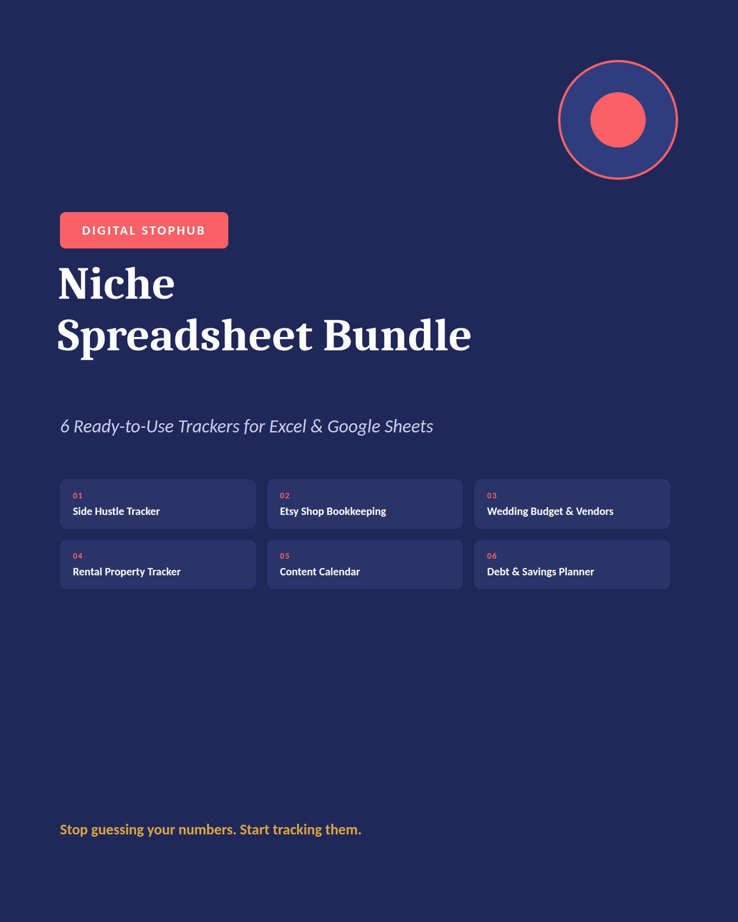Niche Spreadsheet Bundle — 6 Trackers for Excel &amp; Google Sheets (Side Hustle, Etsy Shop, Wedding, Rental, Content Calendar, Debt &amp; Savings)